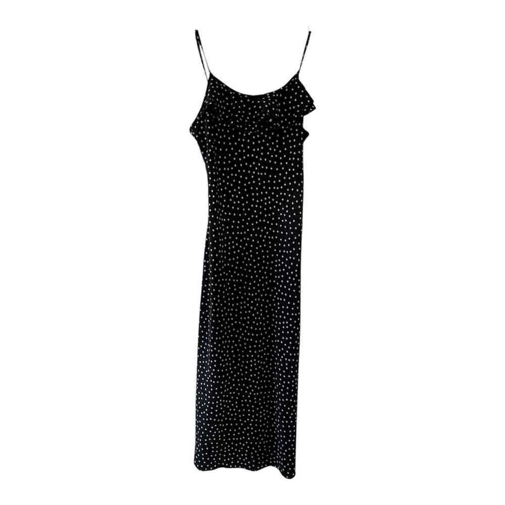 Vintage Black & White Ruffle Silk Polka Dot Long Maxi Dress Womens Small